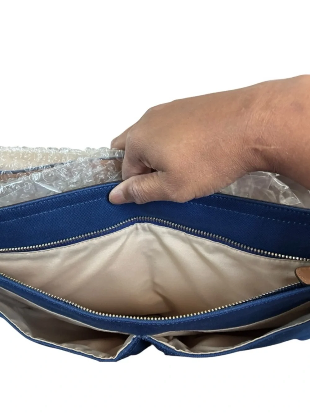 Blue Canvas Messenger Bag with Tan Trim - Picture 5 of 12